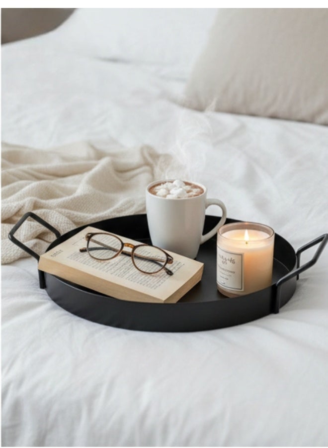 هابي هوم صينية تقديم مدوّرة 25 سم بمقبضين جانبيين – صينية طعام ومشروبات معدنية مقاومة للصدأ والخدوش – تصميم أنيق وعصري متعدد الاستخدام لتقديم القهوة، الشاي، الحلويات، العصائر أو لتنظيم الشموع والعطور والديكور في المطبخ وغرفة المعيشة والضيافة - Image 2